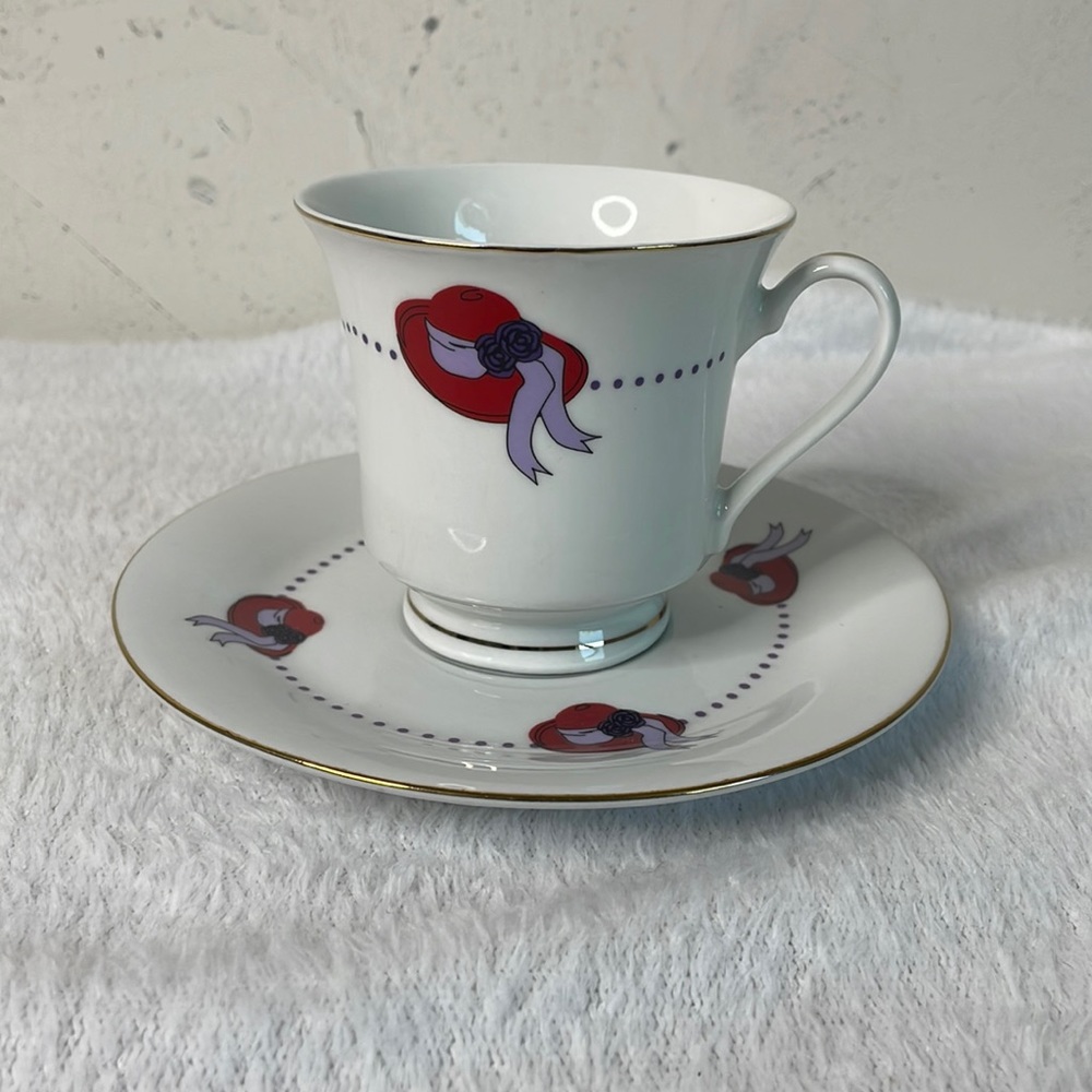 Darice Red Hat Club porcelain tea cup and saucer with gold trim